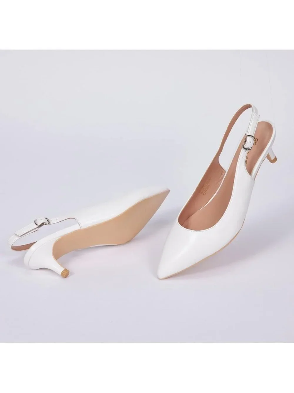 Women's White Leather Patent Slingback Pump Closed Toe Low Kitten Heel Shoes